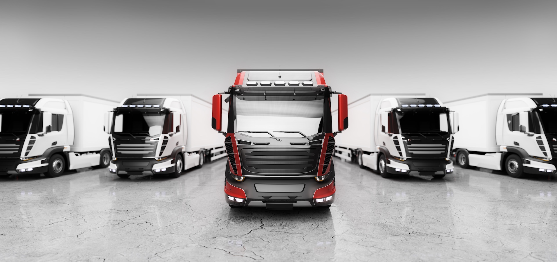 Fleet of trucks with cargo trailers. A red truck in front, the leader concept. Transport, shipping industry. 3D illustration